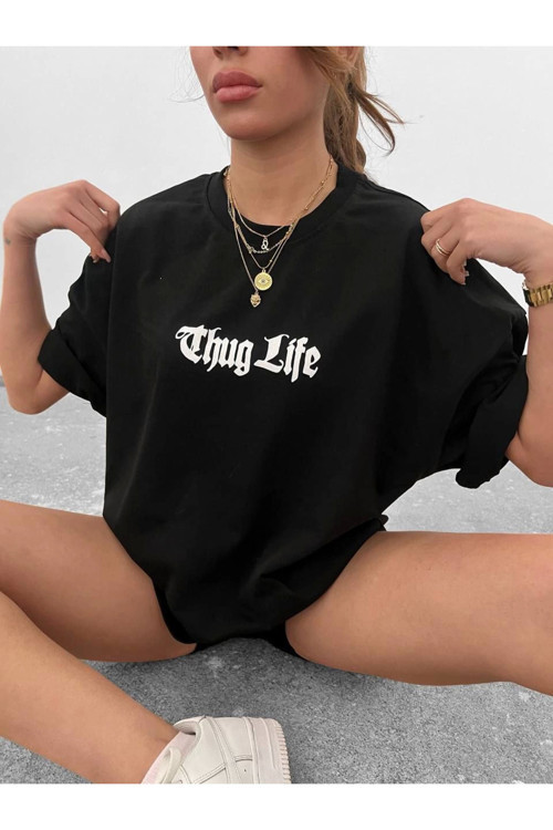 beybunn Unisex Bisiklet Yaka Baskılı Oversize T-Shirt - Siyah