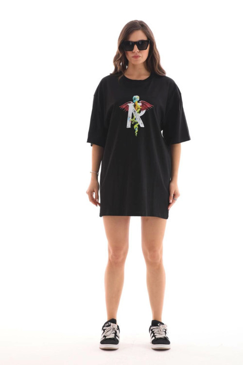 beybunn Unisex Bisiklet Yaka Baskılı Oversize T-Shirt - Siyah