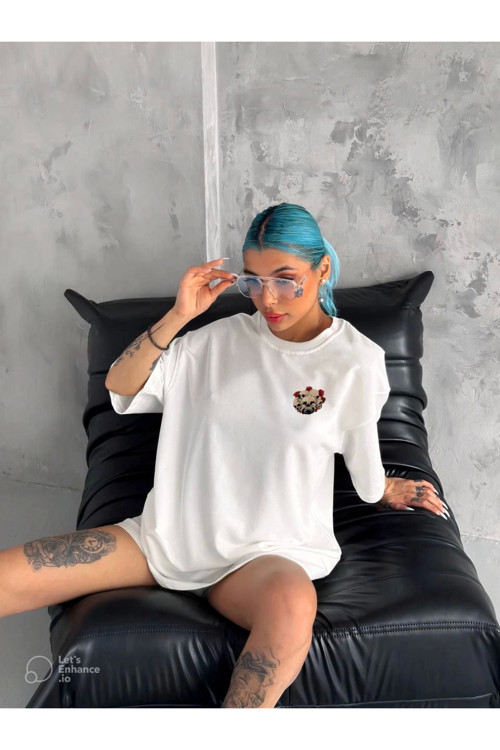 beybunn Kadın Baskılı T-Shirt Kısa Kol Bisiklet Yaka Oversize Rahat Kalıp Günlük Tişört - Beyaz