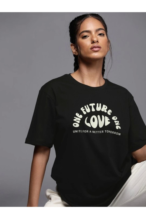 beybunn Kadın Baskılı Oversize T-shirt - Siyah