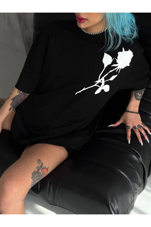 beybunn Unisex Bisiklet Yaka Baskılı Oversize T-Shirt - Siyah