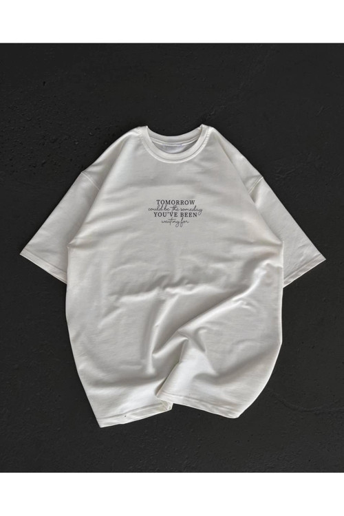 beybunn Unisex Bisiklet Yaka Baskılı Oversize T-Shirt - Beyaz