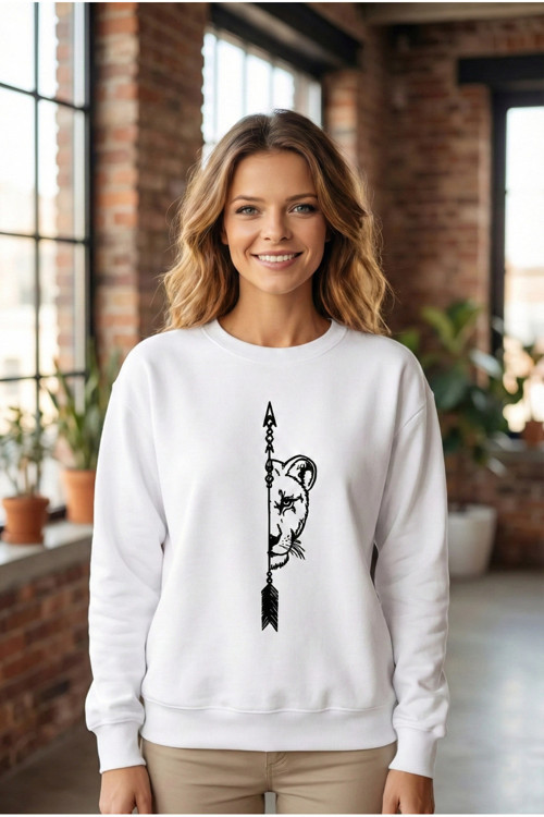 beybunn Sevgililer Günü Özel Bisiklet Yaka Aslan Baskılı Oversize Sweatshirt - Beyaz