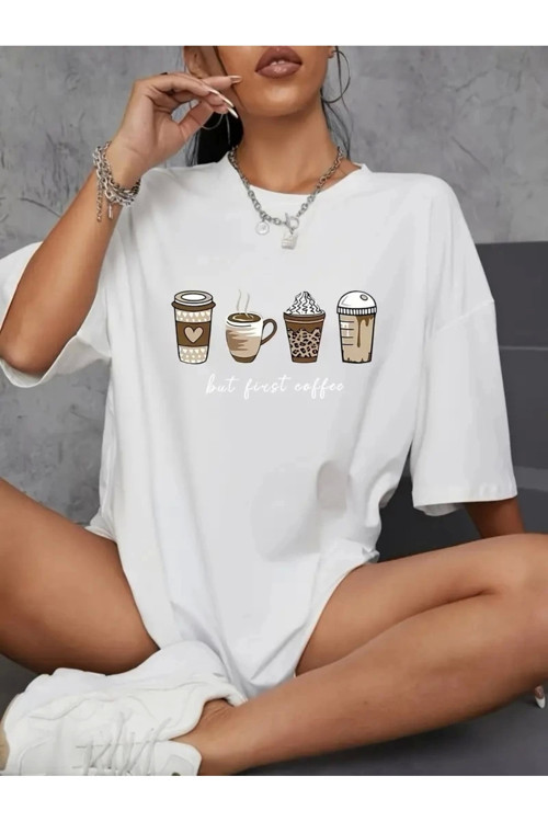 Kadın Kahve Desen Baskılı Tişört Kısa Kol Bisiklet Yaka Oversize T-Shirt - Beyaz