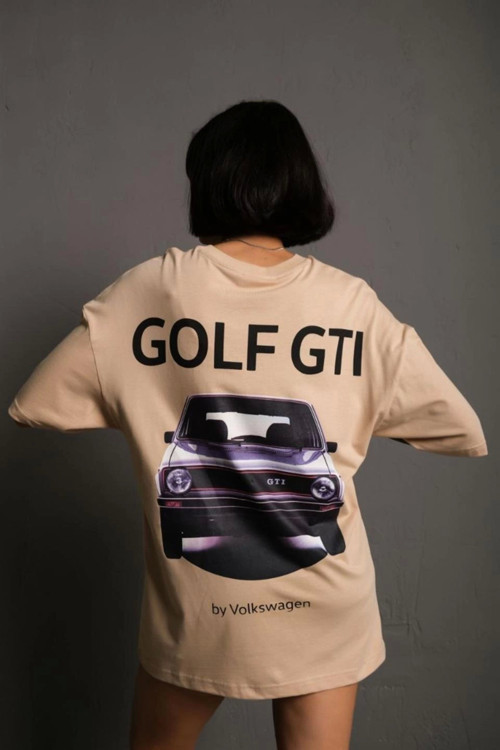 beybunn Kadın Oversize Baskılı Tişört Golf GTI Retro Araba Desenli Ön Arka Dijital Baskı - Bej