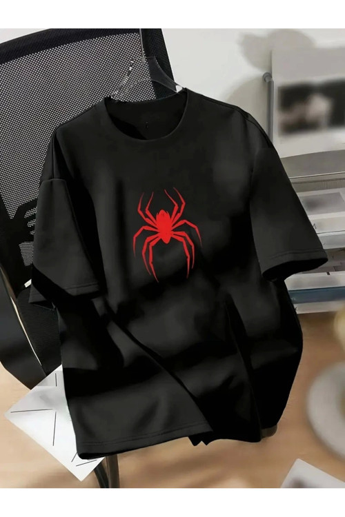 beybunn Kadın Penye Compack Spider Baskılı Oversize Kısa Kol Yazlık T-shirt - Siyah