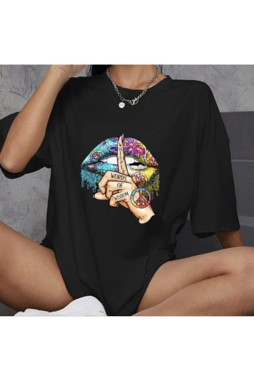 beybunn Unisex Bisiklet Yaka Baskılı Oversize T-Shirt - Siyah