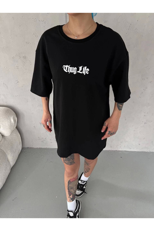 beybunn Unisex Bisiklet Yaka Baskılı Oversize T-Shirt - Siyah