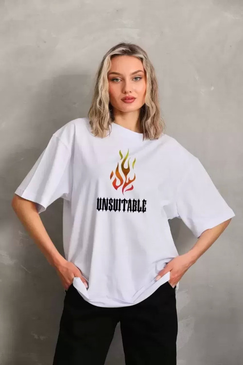 beybunn Unisex Bisiklet Yaka Baskılı Oversize T-Shirt - Beyaz