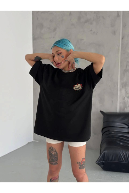 beybunn Unisex Bisiklet Yaka Baskılı Oversize T-Shirt - Siyah