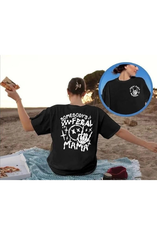 Kadın Baskılı T-Shirt Kısa Kol Bisiklet Yaka Ovarsize Rahat Kalıp Tişört - Siyah