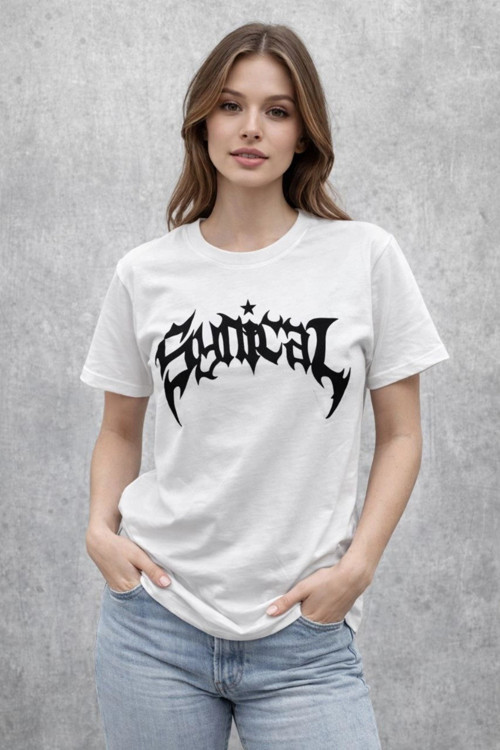beybunn Kadın Bisiklet Yaka Ön Baskılı Kısa Kollu Tişört Streetwear Günlük Basic Pamuklu T-shirt - Beyaz