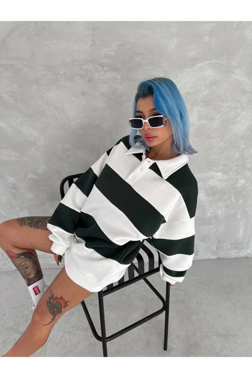 Üç İplik Parçalı Yakalı SweatShirt - Yeşil