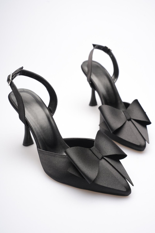 beybunn Kadın Siyah Fiyonklu Saten Slingback Topuklu Ayakkabı TR40MS01A