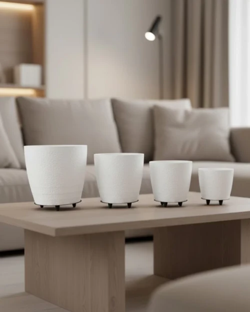 4’lü 3D Beyaz Ayaklı Saksı Seti Modern Minimal Dekoratif Vazo