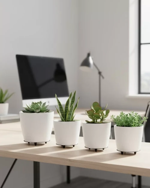 4’lü 3D Beyaz Minimal Dekoratif Vazo Ayaklı Saksı Takımı