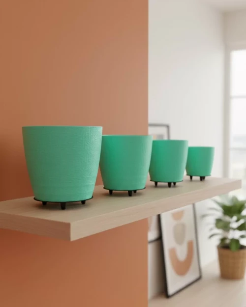 4’lü 3D Modern Yeşil Vazo Seti Dekoratif Ayaklı Saksı Takımı