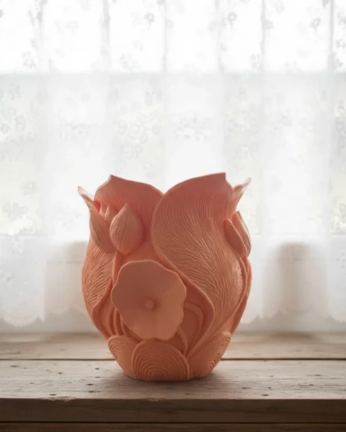 Turuncu Floral Tasarımlı 3D Vazo Şık Ev Dekorasyon Aksesuarı