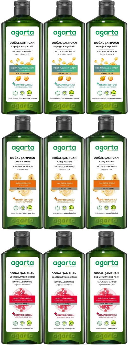Doğal Şampuan 400 ML Kepek Karşıtı - Ardıç Katranı,Keratin - Saç Dökülmesine (9 Lu Karma Set)