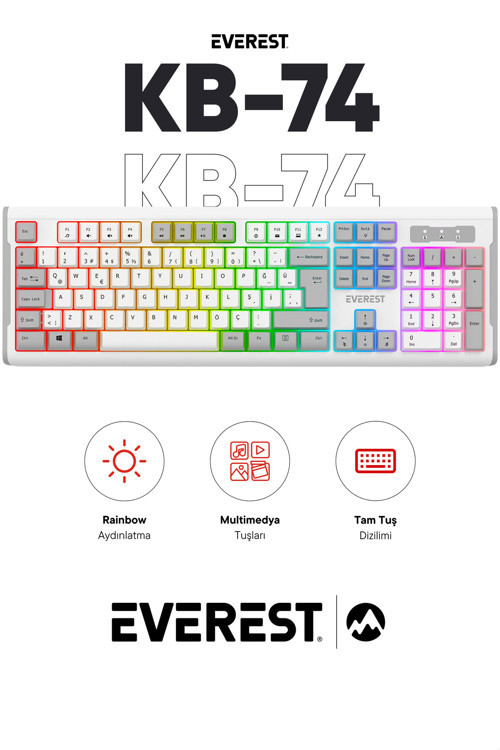 KB-74 Oyuncu Klavyesi Sessiz Klavye Rainbow Aydınlatmalı Q Membran Klavye Gaming Klavye Gri/Beyaz