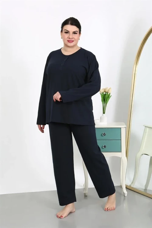 Kadın Büyük Beden Uzun Kol Penye Pijama Takımı Lacivert