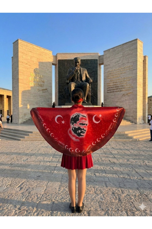 Çift Taraflı Atatürk Türk Bayraklı Pelerin Gösteri Kostümü 145X73Cm