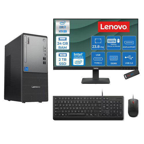 Thinkcentre Neo 50T Gen 5 Intel® Core™ İ7-14700 24GB Ddr5 2tb SSD Intel® UHD Graphics 770 Freedos +23.8 Monitör Mini Tower Masaüstü Bilgisayar 2312UD001UTRF09+ZETTAUSBBELLEK