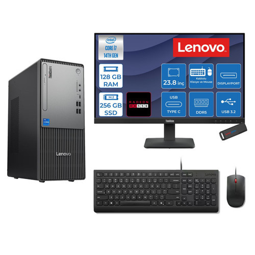 Thinkcentre Neo 50T Gen 5 Intel® Core™ İ7-14700 128GB Ddr5 256GB SSD 4GB/RX550 Freedos +23.8 Monitör Mini Tower Masaüstü Bilgisayar 2312UD001UTR27F36+ZETTAUSBBELLEK