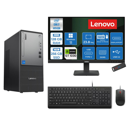 Thinkcentre Neo 50T Gen 5 Intel® Core™ İ7-14700 128GB Ddr5 256GB SSD 4GB/GT1030 WIN11PRO +23.8 Monitör Mini Tower Masaüstü Bilgisayar 2312UD001UTR21P36+ZETTAUSBBELLEK