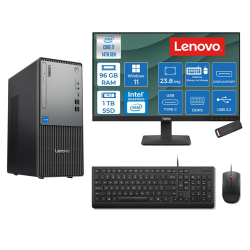 Thinkcentre Neo 50T Gen 5 Intel® Core™ İ7-14700 96GB Ddr5 1tb SSD Intel® UHD Graphics 770 WIN11PRO +23.8 Monitör Mini Tower Masaüstü Bilgisayar 2312UD001UTRP33+ZETTAUSBBELLEK