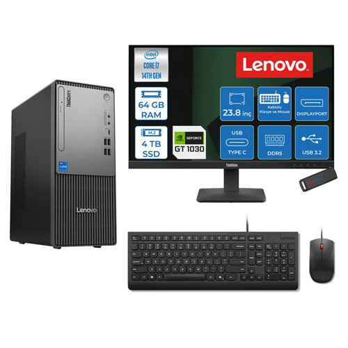 Thinkcentre Neo 50T Gen 5 Intel® Core™ İ7-14700 64GB Ddr5 4tb SSD 4GB/GT1030 Freedos +23.8 Monitör Mini Tower Masaüstü Bilgisayar 2312UD001UTR21F25+ZETTAUSBBELLEK