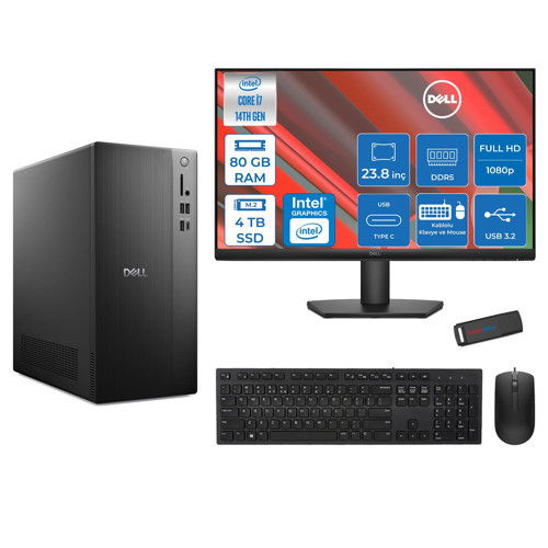 Tower ECT1250 Intel® Core™ İ7-14700 80GB Ddr5 4tb SSD Intel® UHD Graphics 770 Freedos +23.8" Monitör Tower Masaüstü Bilgisayar 24RPLSR007F30+ZETTAUSBBELLEK