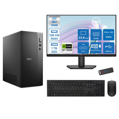 Tower ECT1250 Intel® Core™ İ7-14700 128GB Ddr5 1tb SSD 4GB/GT1030 Freedos +23.8" Monitör Tower Masaüstü Bilgisayar 24RPLSR00721F38+ZETTAUSBBELLEK