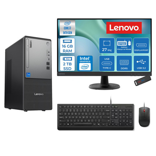 Thinkcentre Neo 50T Gen 5 Intel® Core™ İ7-14700 16GB Ddr5 2tb SSD Intel® UHD Graphics 770 Freedos +27" Monitör Mini Tower Masaüstü Bilgisayar 2712UD001UTRF04+ZETTAUSBBELLEK