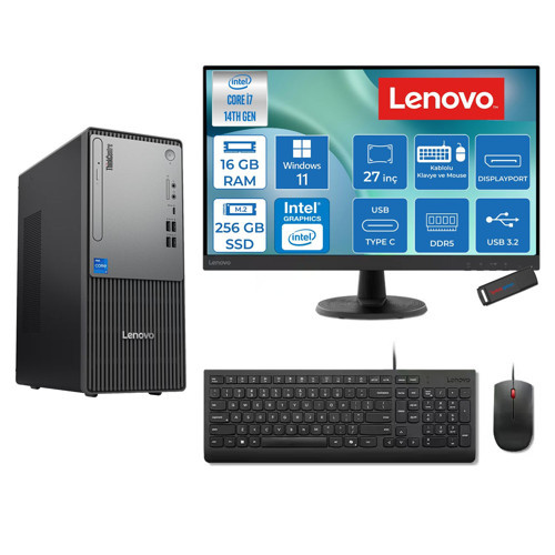 Thinkcentre Neo 50T Gen 5 Intel® Core™ İ7-14700 16GB Ddr5 256GB SSD Intel® UHD Graphics 770 WIN11PRO +27" Monitör Mini Tower Masaüstü Bilgisayar 2712UD001UTRP01+ZETTAUSBBELLEK
