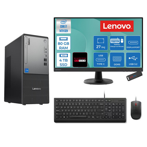 Thinkcentre Neo 50T Gen 5 Intel® Core™ İ7-14700 80GB Ddr5 4tb SSD 4GB/RX550 Freedos +27" Monitör Mini Tower Masaüstü Bilgisayar 2712UD001UTR27F30+ZETTAUSBBELLEK