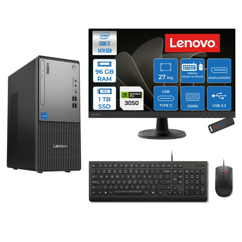 Thinkcentre Neo 50T Gen 5 Intel® Core™ İ7-14700 96GB Ddr5 1tb SSD 6GB/RTX3050 Freedos +27" Monitör Mini Tower Masaüstü Bilgisayar 2712UD001UTR23F33+ZETTAUSBBELLEK