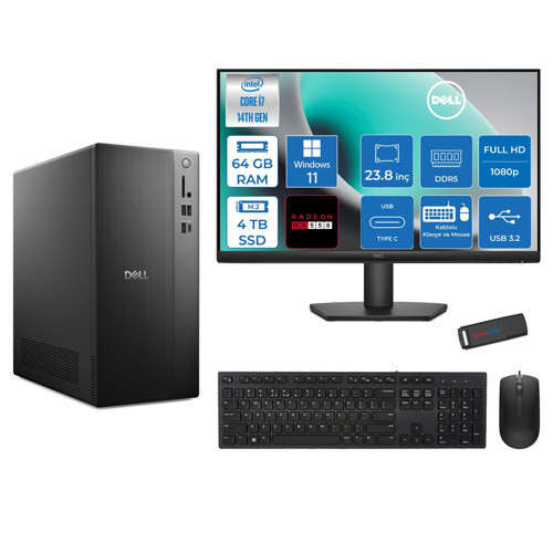 Tower ECT1250 Intel® Core™ İ7-14700 64GB Ddr5 4tb SSD 4GB/RX550 WIN11PRO +23.8" Monitör Tower Masaüstü Bilgisayar 24RPLSR00727P25+ZETTAUSBBELLEK