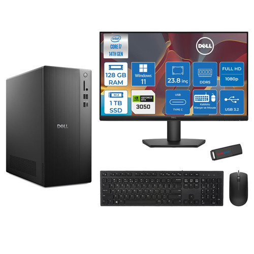 Tower ECT1250 Intel® Core™ İ7-14700 128GB Ddr5 1tb SSD 6GB/RTX3050 WIN11HOME +23.8" Monitör Tower Masaüstü Bilgisayar 24RPLSR00723H38+ZETTAUSBBELLEK