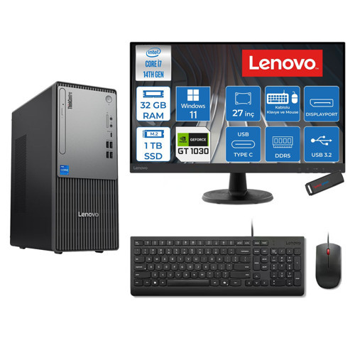 Thinkcentre Neo 50T Gen 5 Intel® Core™ İ7-14700 32GB Ddr5 1tb SSD 4GB/GT1030 WIN11HOME +27" Monitör Mini Tower Masaüstü Bilgisayar 2712UD001UTR21H13+ZETTAUSBBELLEK