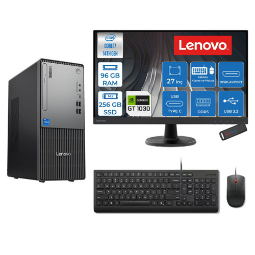 Thinkcentre Neo 50T Gen 5 Intel® Core™ İ7-14700 96GB Ddr5 256GB SSD 4GB/GT1030 Freedos +27" Monitör Mini Tower Masaüstü Bilgisayar 2712UD001UTR21F31+ZETTAUSBBELLEK