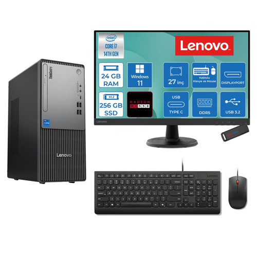 Thinkcentre Neo 50T Gen 5 Intel® Core™ İ7-14700 24GB Ddr5 256GB SSD 4GB/RX550 WIN11PRO +27" Monitör Mini Tower Masaüstü Bilgisayar 2712UD001UTR27P06+ZETTAUSBBELLEK