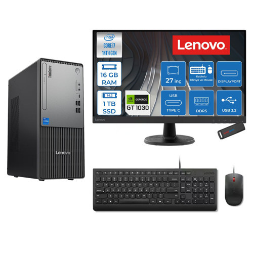 Thinkcentre Neo 50T Gen 5 Intel® Core™ İ7-14700 16GB Ddr5 1tb SSD 4GB/GT1030 Freedos +27" Monitör Mini Tower Masaüstü Bilgisayar 2712UD001UTR21F03+ZETTAUSBBELLEK