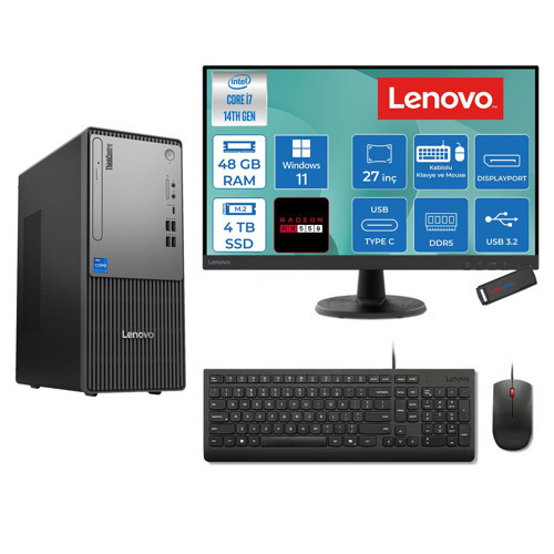 Thinkcentre Neo 50T Gen 5 Intel® Core™ İ7-14700 48GB Ddr5 4tb SSD 4GB/RX550 WIN11HOME +27" Monitör Mini Tower Masaüstü Bilgisayar 2712UD001UTR27H20+ZETTAUSBBELLEK