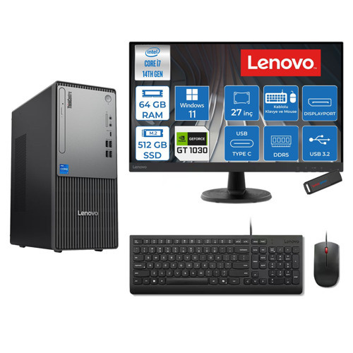 Thinkcentre Neo 50T Gen 5 Intel® Core™ İ7-14700 64GB Ddr5 512GB SSD 4GB/GT1030 WIN11PRO +27" Monitör Mini Tower Masaüstü Bilgisayar 2712UD001UTR21P22+ZETTAUSBBELLEK