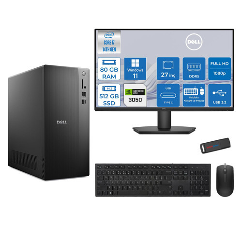 Tower ECT1250 Intel® Core™ İ7-14700 80GB Ddr5 512GB SSD 6GB/RTX3050 WIN11HOME +27" Monitör Tower Masaüstü Bilgisayar 27RPLSR00723H27+ZETTAUSBBELLEK