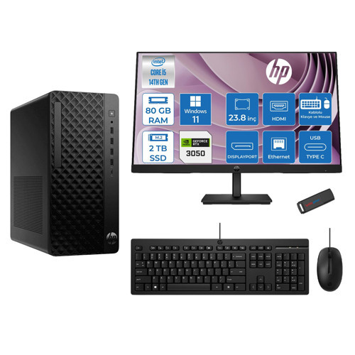 Prodesk 2 Tower G1I Intel I5 14400 4,7 Ghz 80GB Ddr5 2tb SSD 6GB/RTX3050 WIN11HOME Mini + 23.8 100Hz Fhd Monitör Tower Masaüstü Bilgisayar 24B70VQAT23H29+ZETTAUSBBELLEK