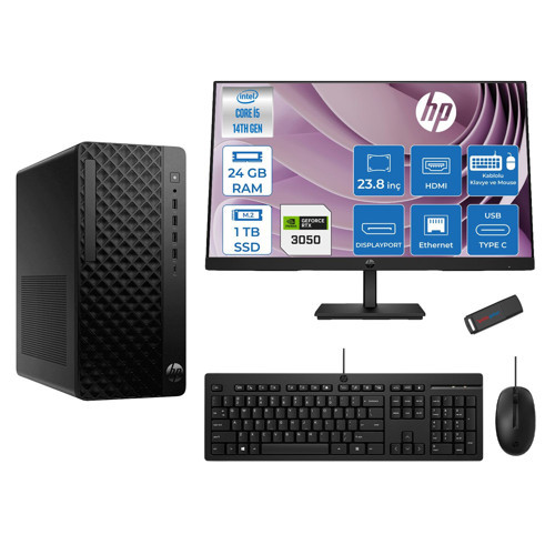 Prodesk 2 Tower G1I Intel I5 14400 4,7 Ghz 24GB Ddr5 1tb SSD 6GB/RTX3050 Freedos Mini + 23.8 100Hz Fhd Monitör Tower Masaüstü Bilgisayar 24B70VQAT23F08+ZETTAUSBBELLEK