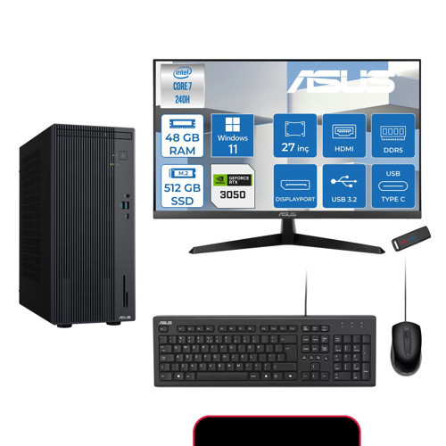 Expertcenter P500MV Intel® Core™ Ultra 7 240H 5.2ghz Aı 48GB Ddr5 512GB SSD 27"120Hz 6GB/RTX3050 WIN11PRO Mini Tower Masaüstü Bilgisayar E724016512B0D23P17+ZETTAUSBBELLEK
