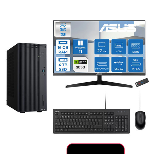 Expertcenter P500MV Intel® Core™ Ultra 7 240H 5.2ghz Aı 16GB Ddr5 4tb SSD 27"120Hz 6GB/RTX3050 WIN11PRO Mini Tower Masaüstü Bilgisayar E724016512B0D23P05+ZETTAUSBBELLEK